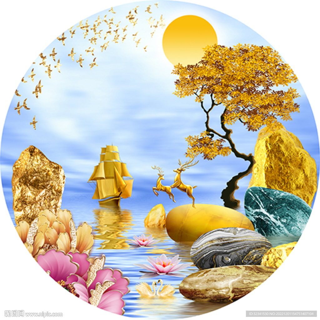 石来运转轻奢孔雀抽象圆形装饰画