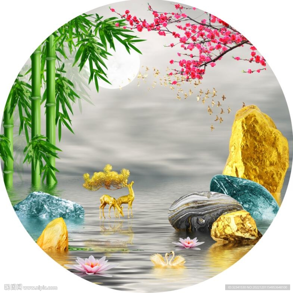 石来运转轻奢孔雀抽象圆形装饰画