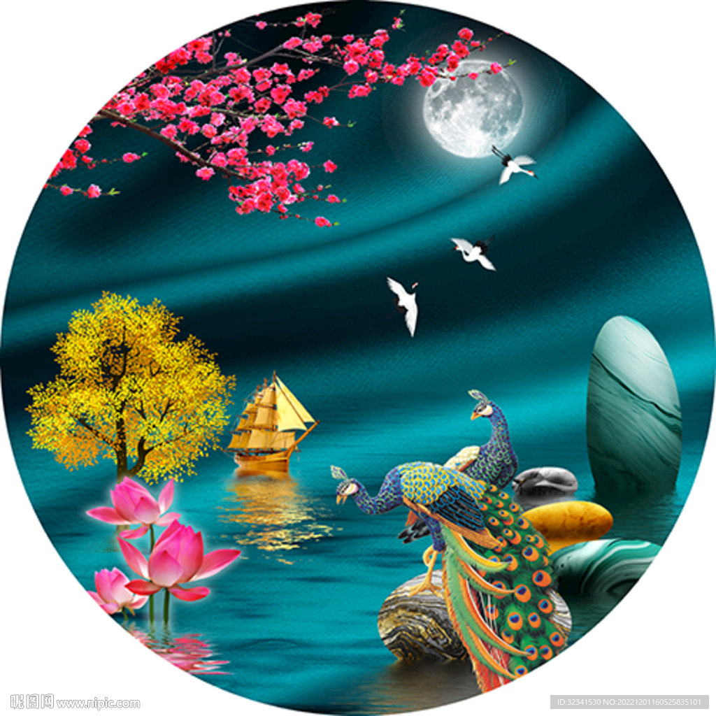 石来运转轻奢孔雀抽象圆形装饰画