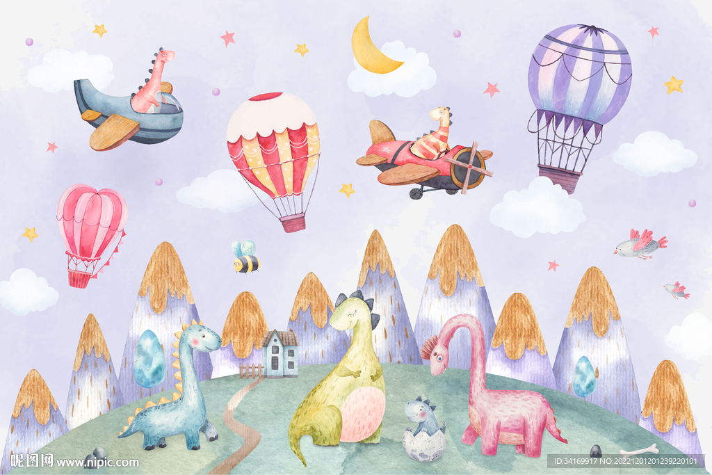 卡通小恐龙水彩热气球山峰背景墙