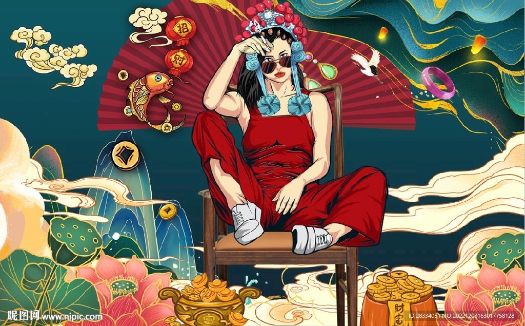 京剧花旦国潮美食餐饮背景墙