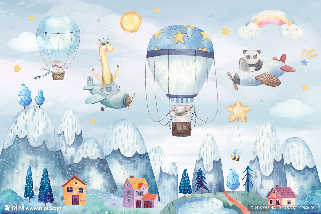 卡通热气球小动物水彩山峰背景墙