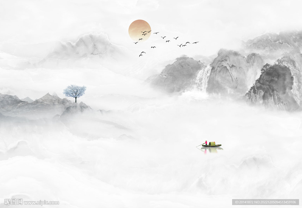 水墨石纹山水画