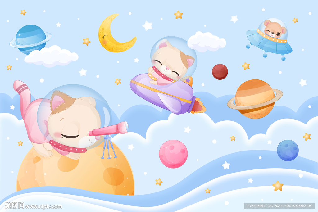 卡通太空星球手绘动物宇航员背景