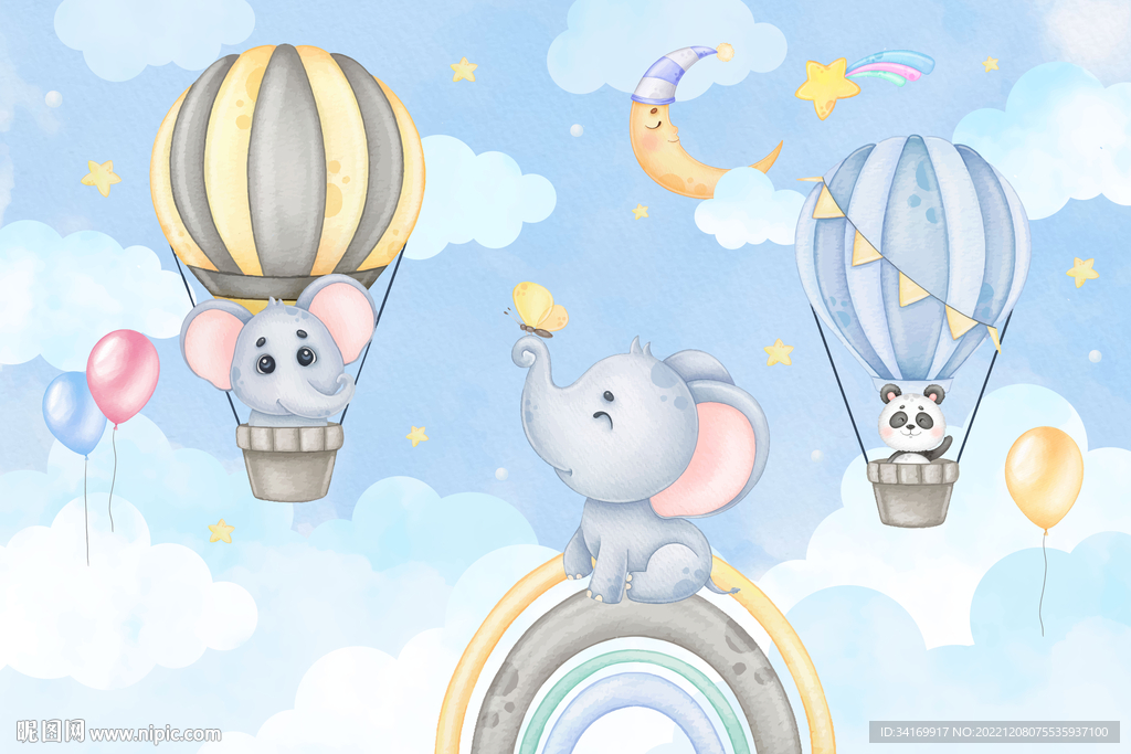卡通小动物热气球天空云朵背景墙