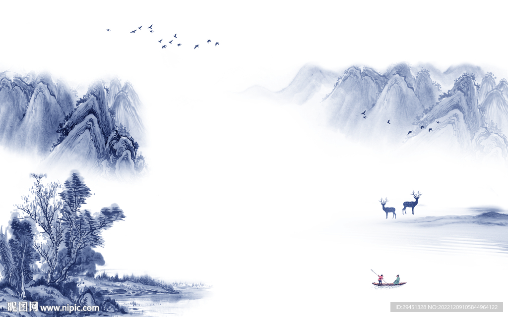 高端 别墅山水墙画 tif分层