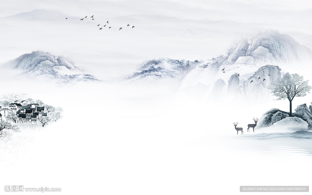 高档 别墅山水墙画 tif分层