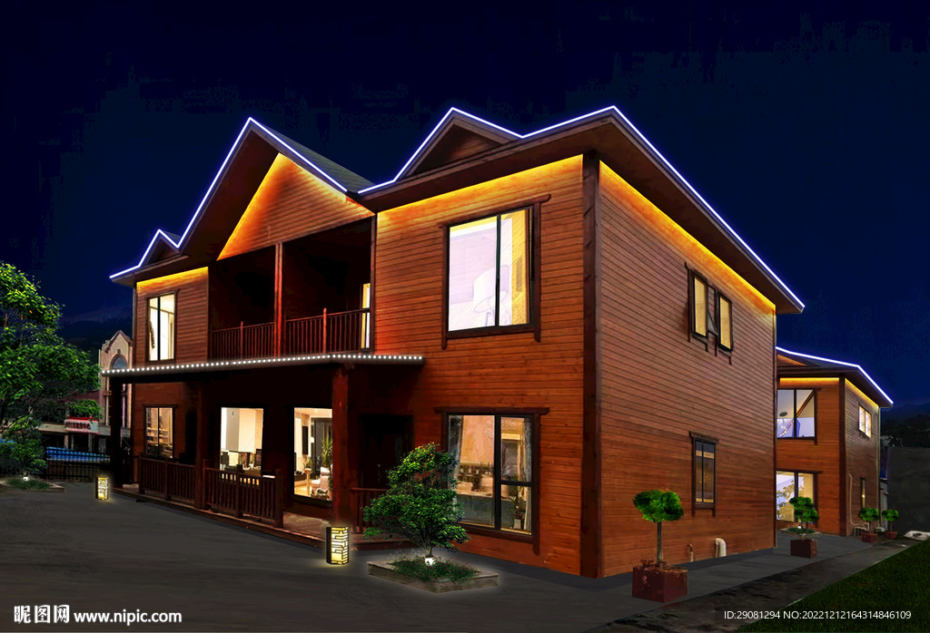 景区木屋亮化效果psd