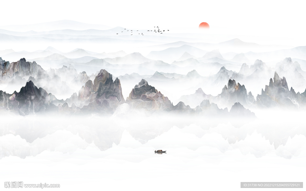 中式水墨山水画电视背景墙