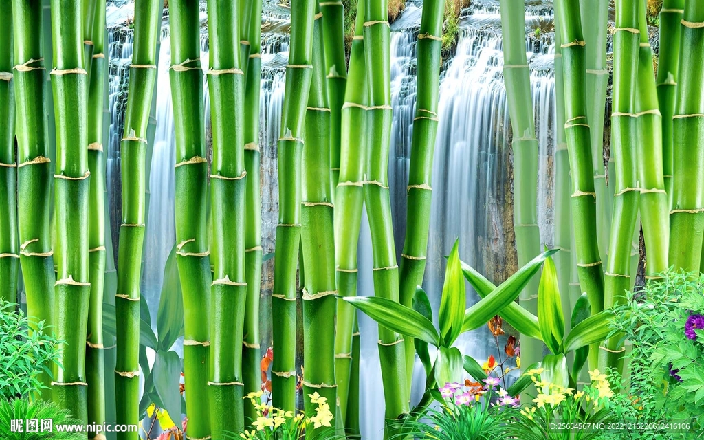 瀑布竹林背景墙