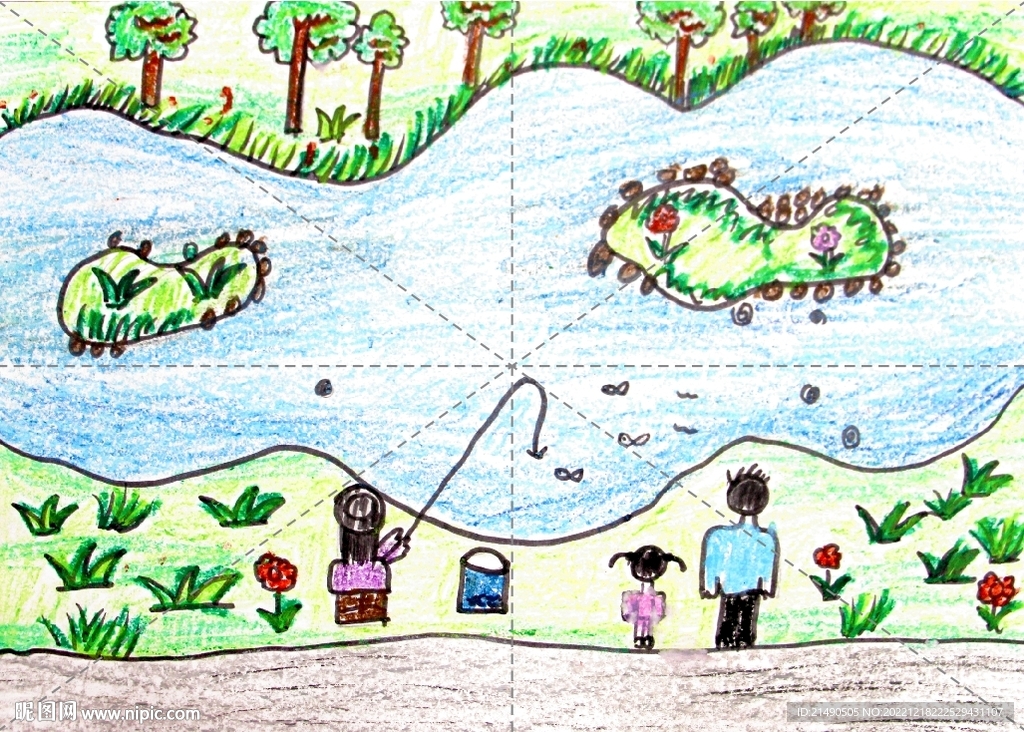 河边钓鱼蜡笔画