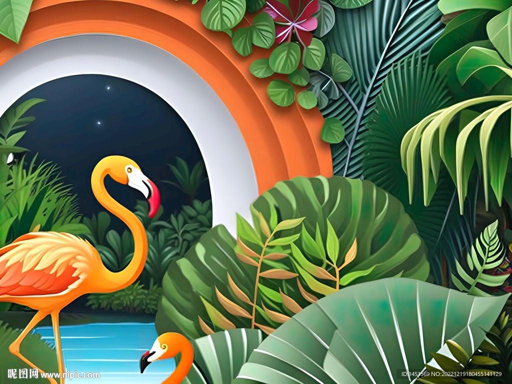 热带雨林火烈鸟插画