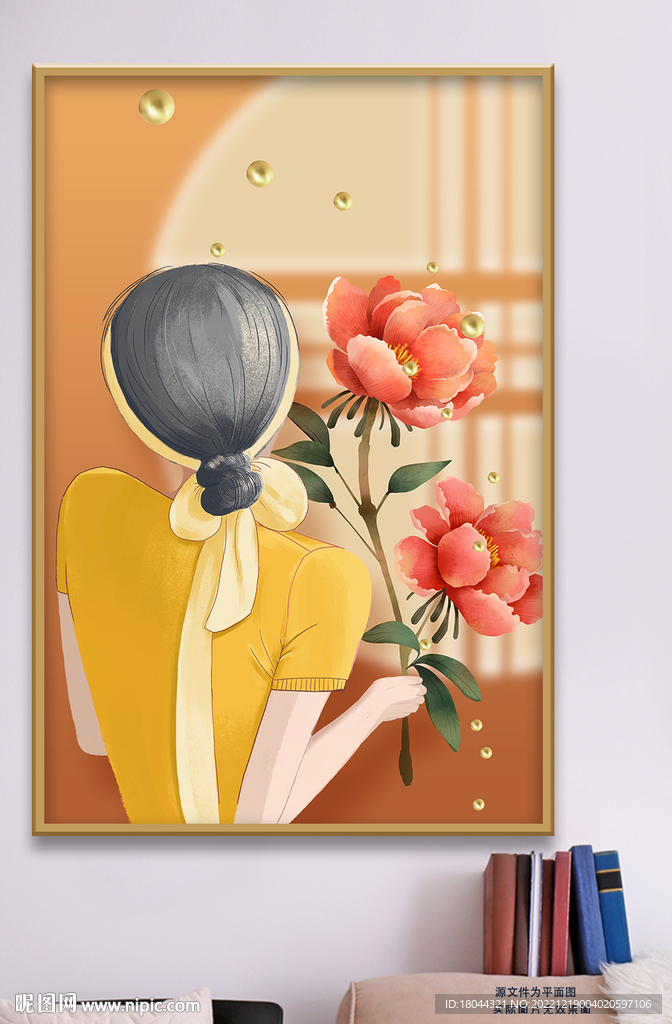 手绘美女背影花朵简约装饰画