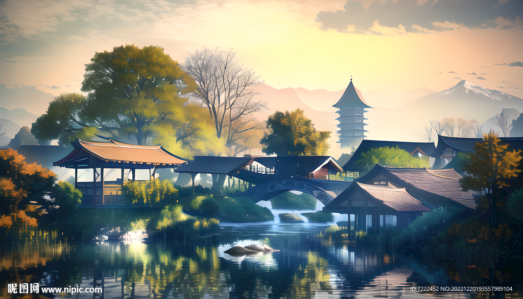 中式园林手绘水彩画