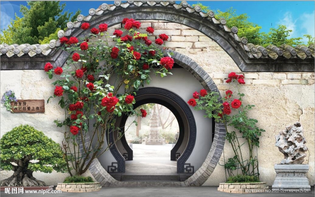 中式月亮门园林背景墙壁画