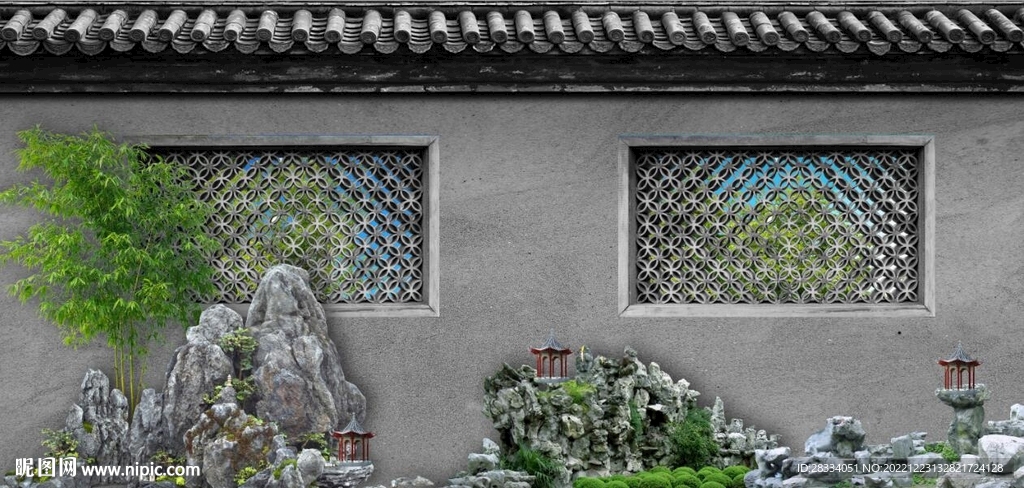 中式古松假山园林背景墙壁画