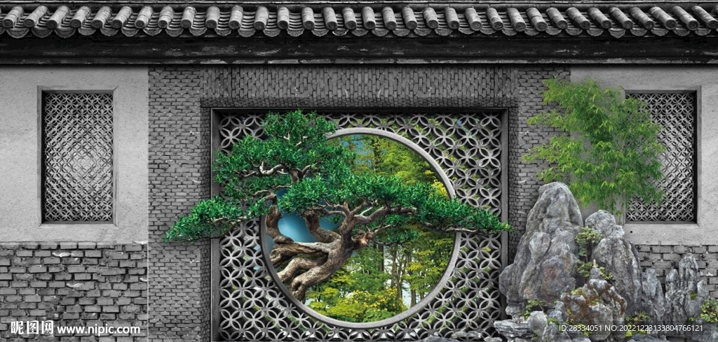中式古松假山园林背景墙壁画