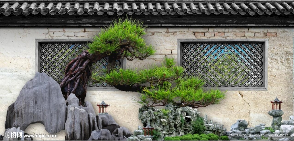 中式古松假山园林背景墙壁画
