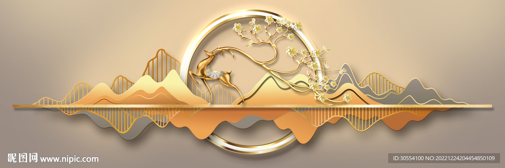 新中式抽象金色麋鹿山水床头画图