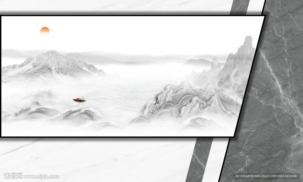 新中式淡雅水墨意境山水背景墙图