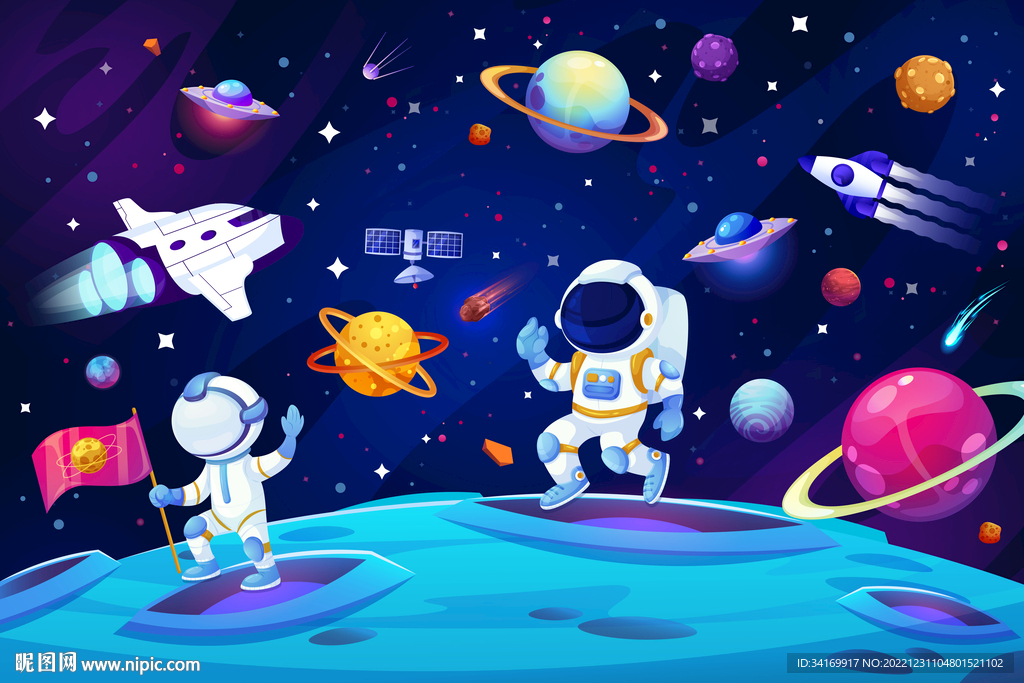 卡通外太空星球宇航员火箭背景墙