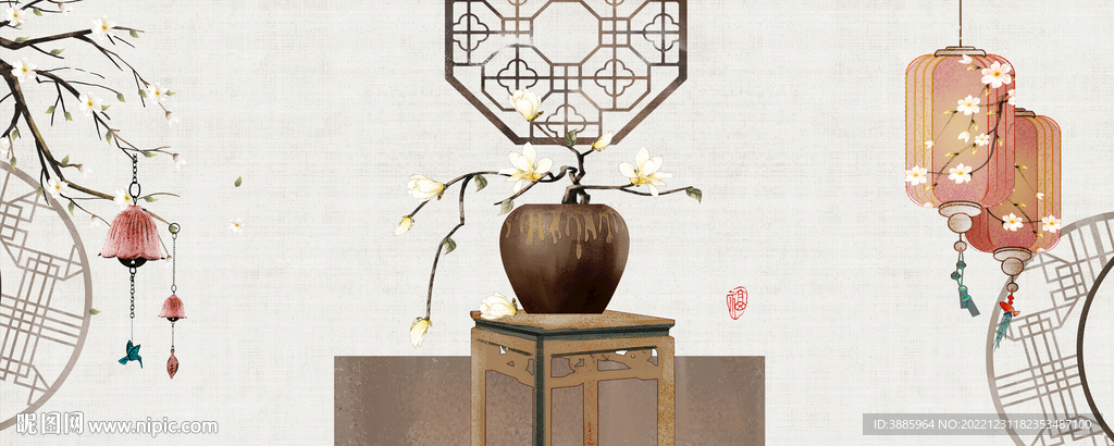 中式花瓶花鸟装饰画图片