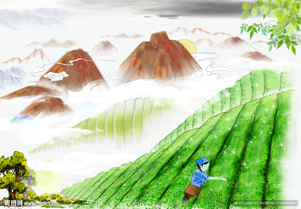 茶园风光手绘分层素材山水