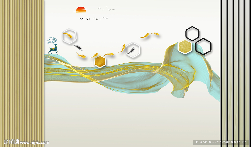 护墙板抽象线条麋鹿背景墙图片