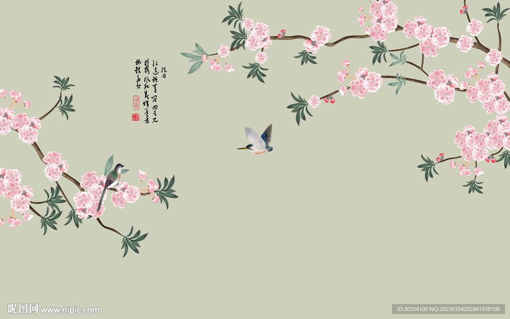 新中式喜上眉梢花鸟工笔画背景图