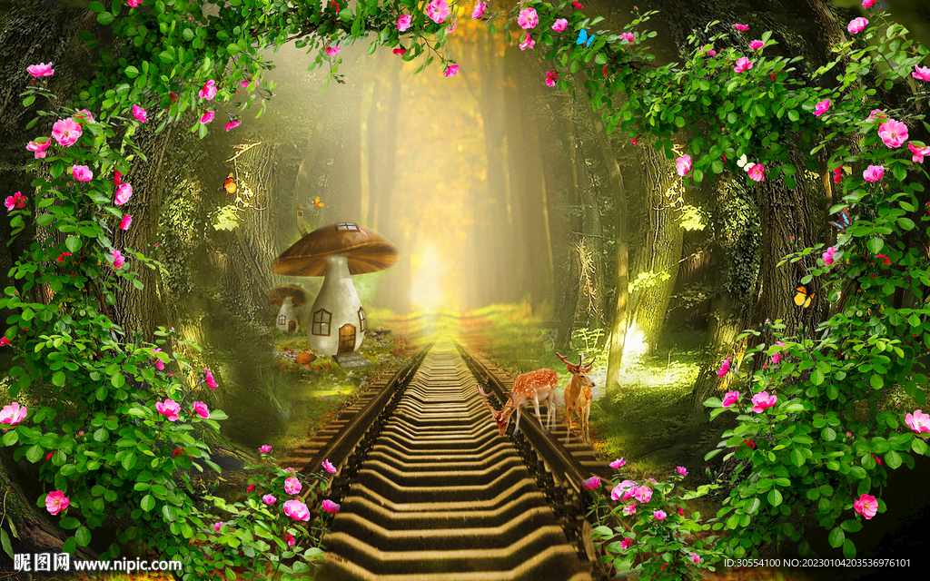 大型清新简约绿色梦幻森林背景图