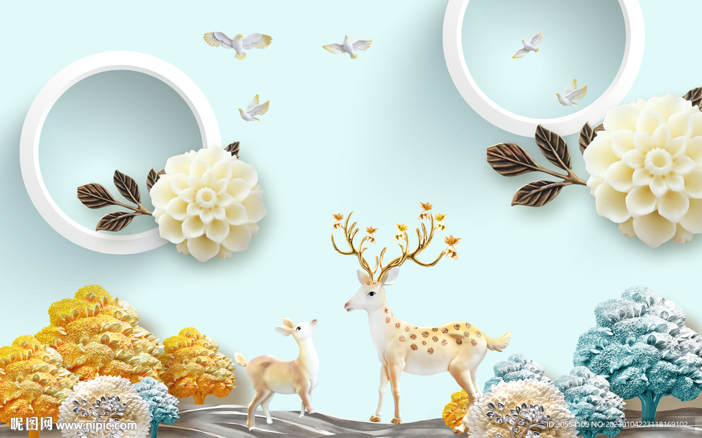 电视墙背景墙浮雕鹿图片