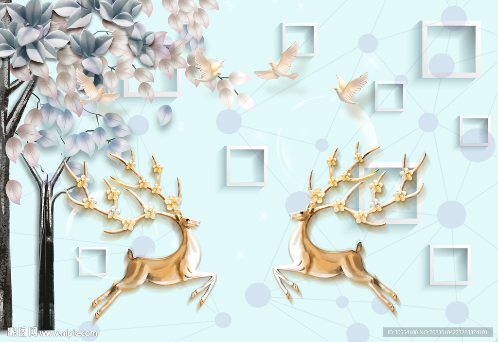 丛林山水梅花鹿浮雕电视背景墙图