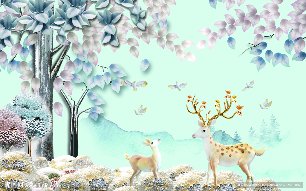 梅花鹿唯美风景电视背景墙图片