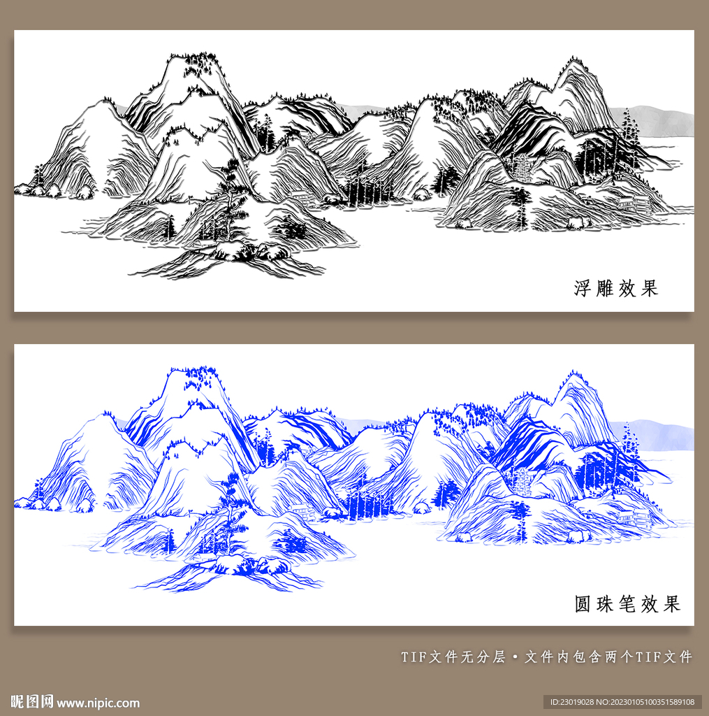 浮雕线条山水画