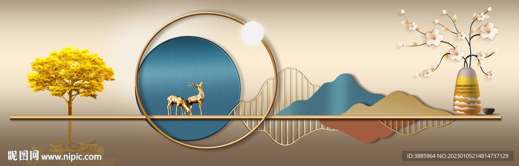 新中式金色抽象麋鹿山水床头画图