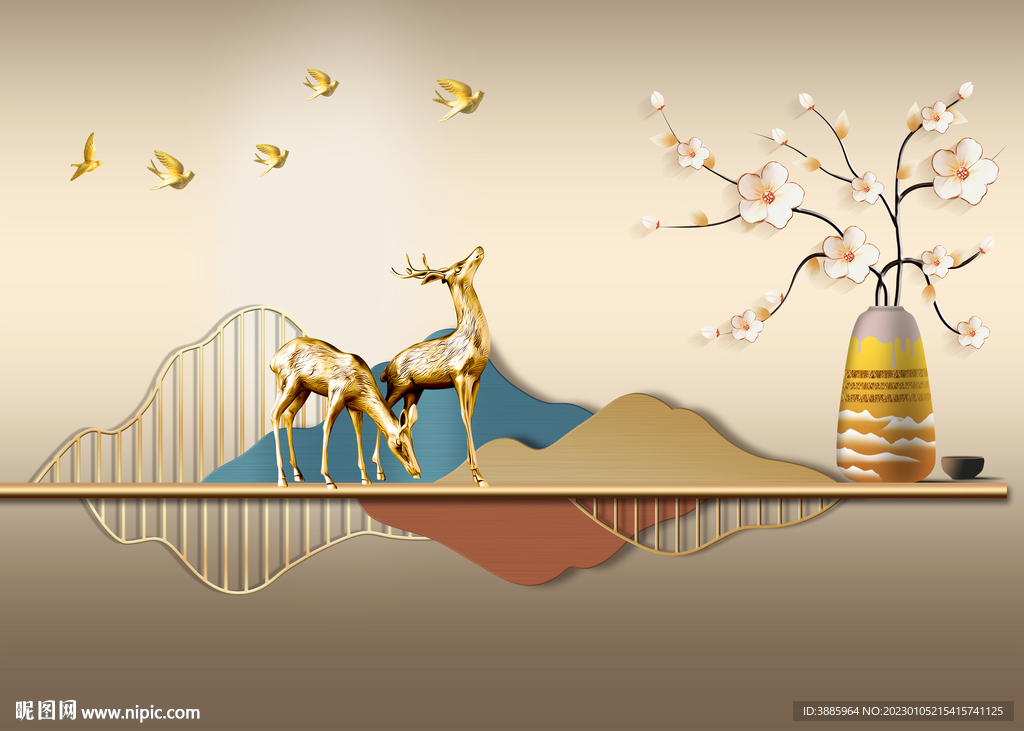 金色抽象山水发财树新中式装饰画