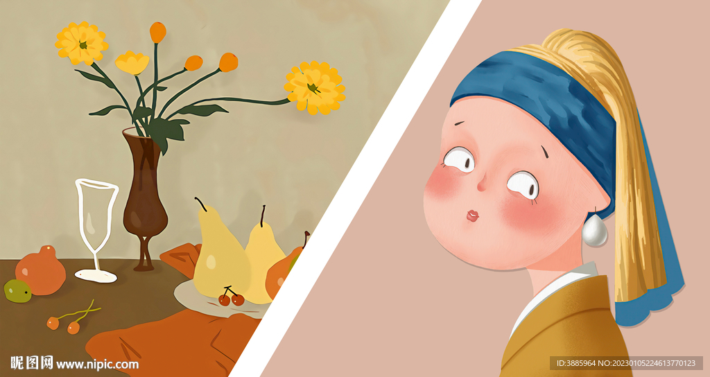 欧美手绘艺术女郎几何装饰画图片