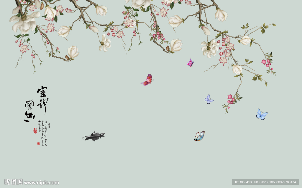 新中式画框花鸟电视背景墙图片