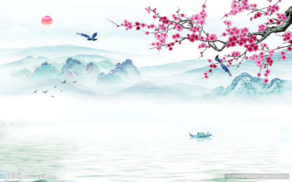 新中式唯美花鸟山水电视背景墙图