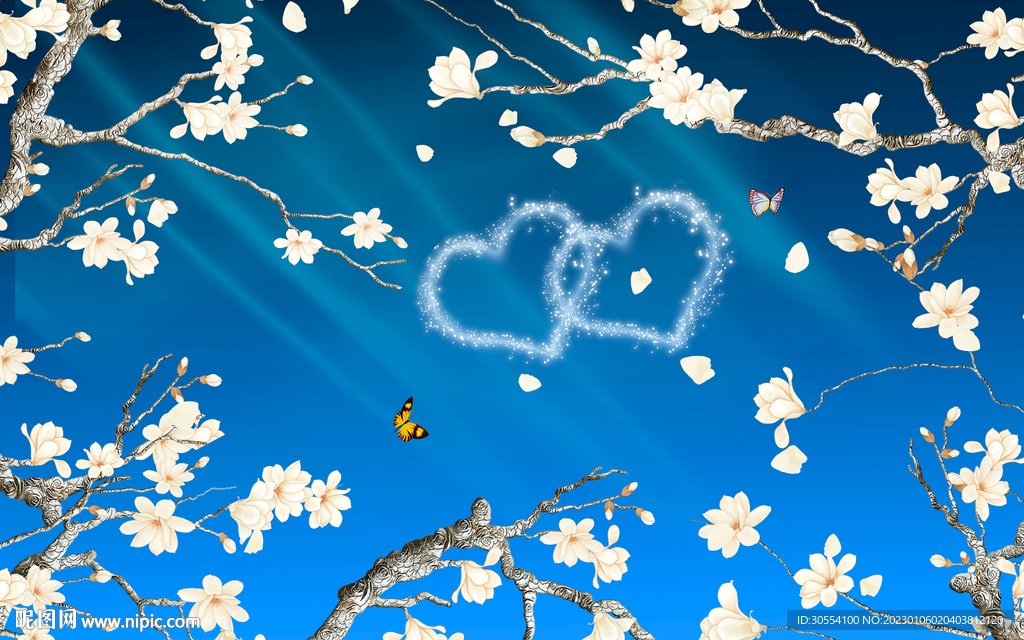 现代玉兰蓝天白云鸽子电视背景墙