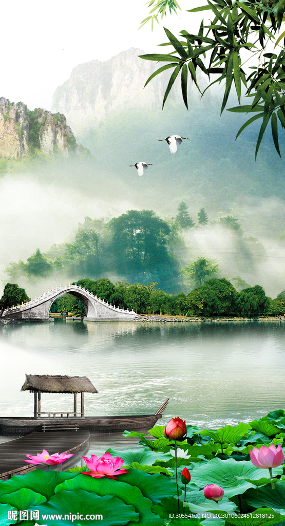 新中式意境水墨山水荷花装饰画图