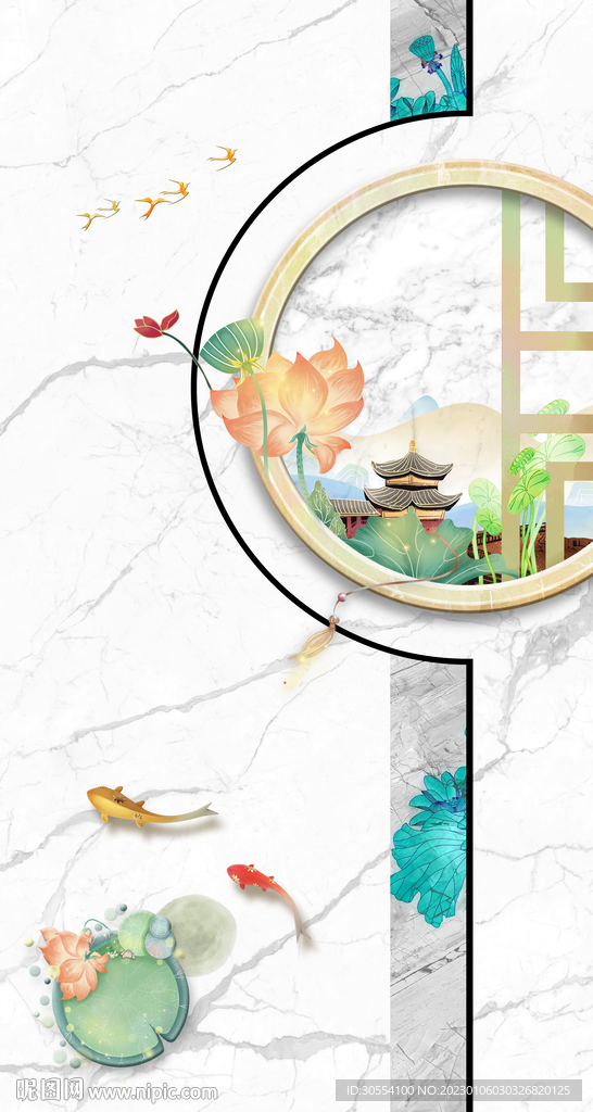 大理石九鱼图玄关背景墙图片