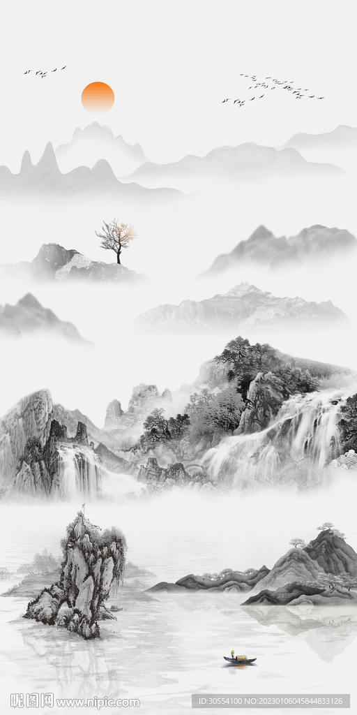 新中式山水玄关背景墙图片