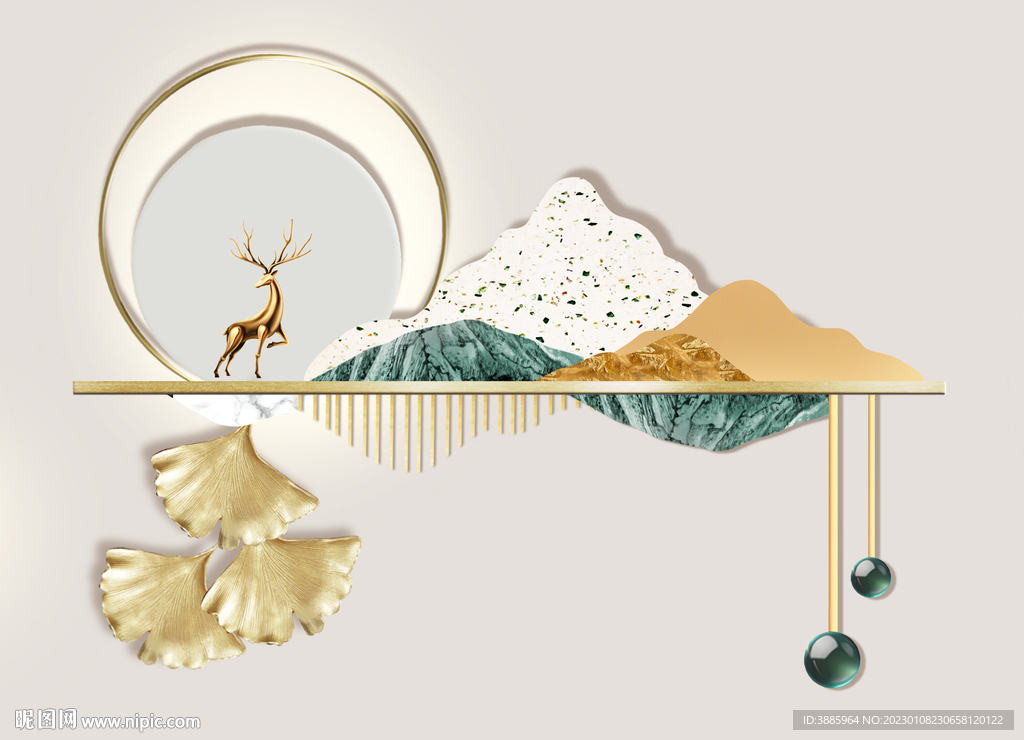 新中式金色抽象麋鹿山水床头画图