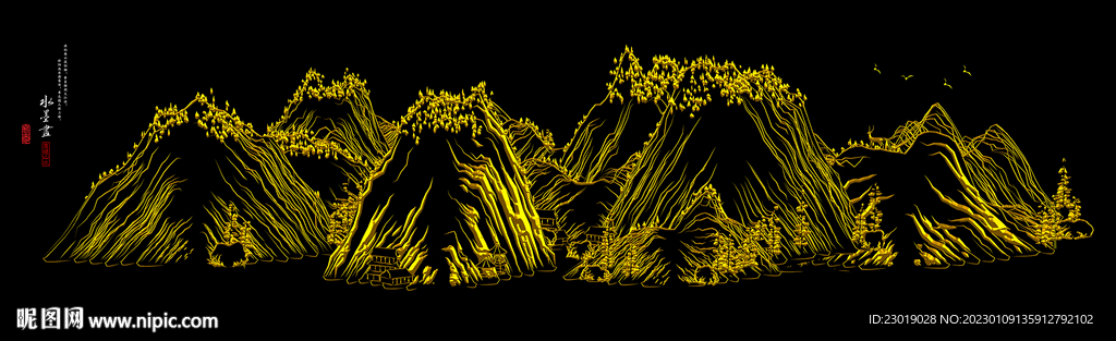 金山线条水墨山水画