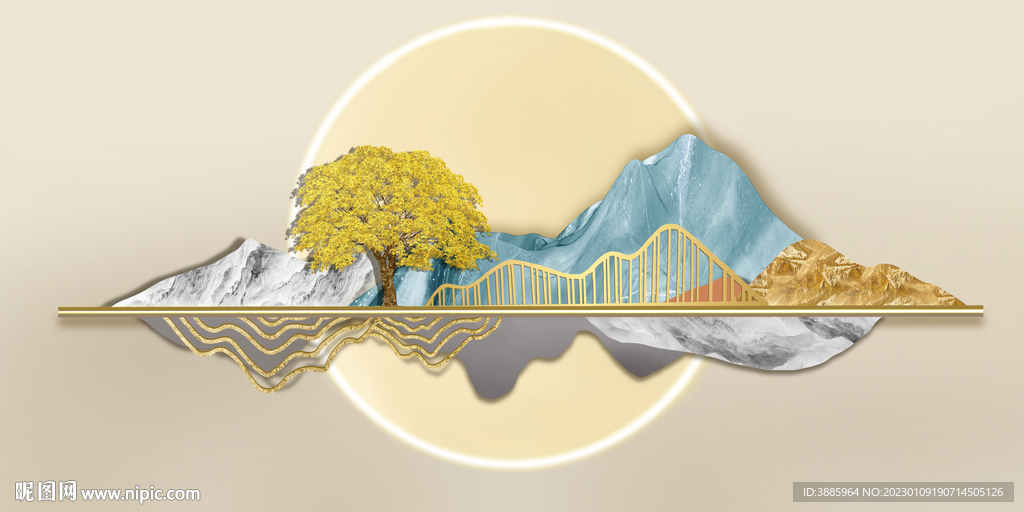 新中式金色抽象麋鹿山水床头画图