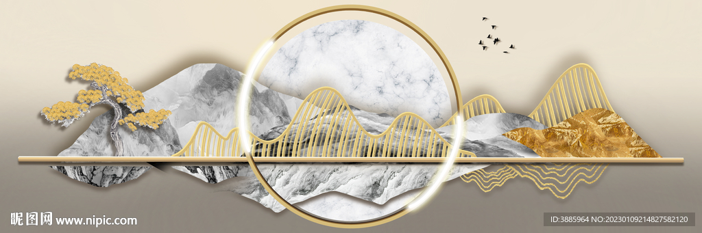 新中式金色抽象麋鹿山水床头画图