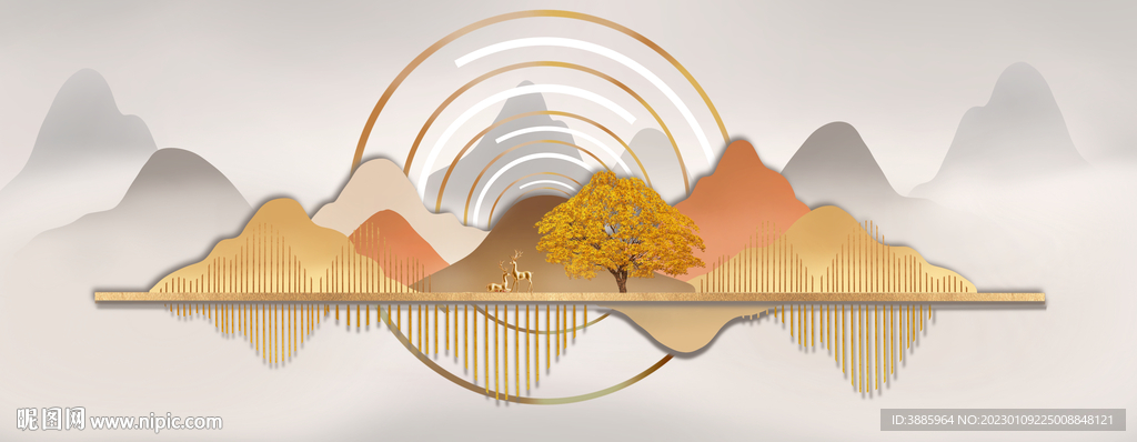 轻奢装饰画 麋鹿 月亮叶子图片