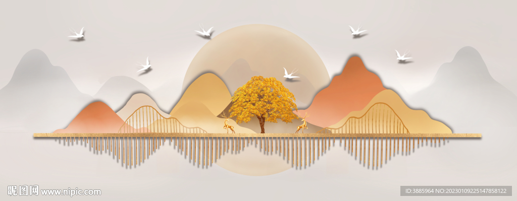  轻奢装饰画 麋鹿 月亮叶子图