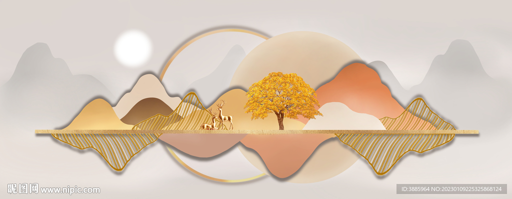 新中式金色抽象麋鹿山水床头画图